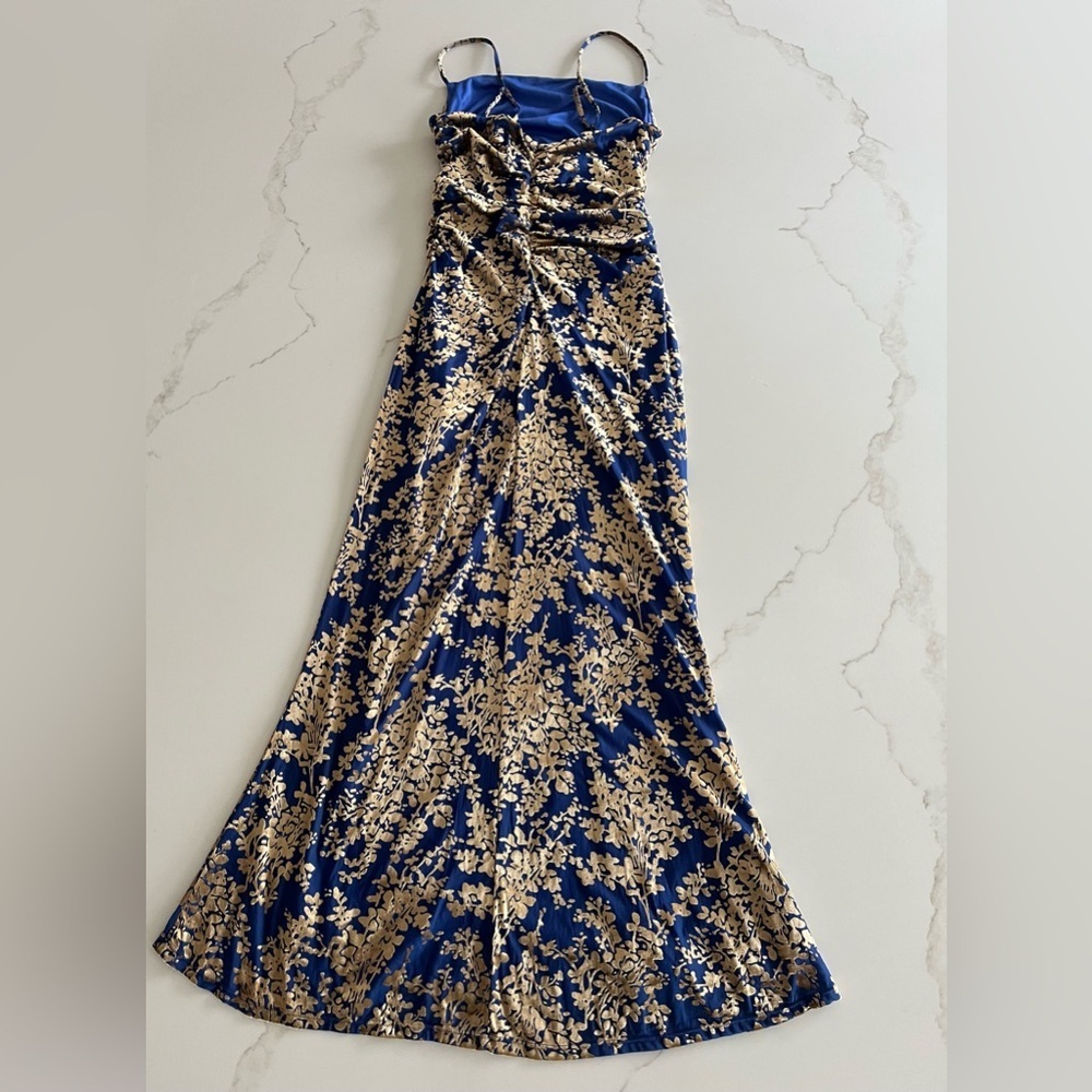 Avec Les Filles Burn Out Blue and Gold Ruched Floral Maxi Dress size L - Picture 6 of 12